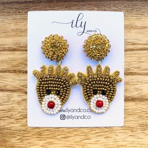 New Reindeer Red Nose Beaded Dangle Christmas Earrings | Lightweight | Boutique